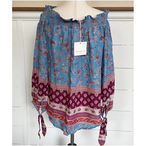 BEACHLUNCHLOUNGE Blue Floral Off Shoulder Boho Peasant Top - S NWT - Picture 2 of 7